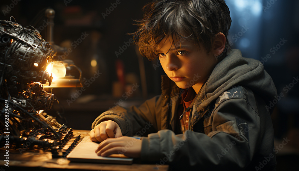 A serious schoolboy sitting, concentrating, learning, playing music, making happiness generated by AI A serious schoolboy sitting, concentrating, learning, playing music, making happiness generated by AI