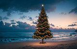 Christmas tree on the beach at sunset. Holiday and celebration concept.