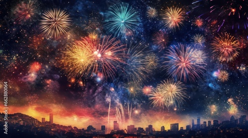 fireworks in the night sky, Happy New Year celebration, AI generated