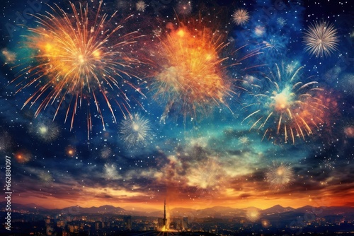 fireworks in the night sky, Happy New Year celebration, AI generated