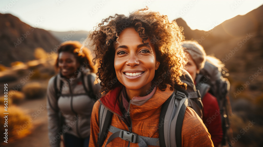 Woman Smiling at camera during sunset hike. Group hike. Lifestyle concept. Woman Smiling at camera during sunset hike. Group hike. Lifestyle concept.