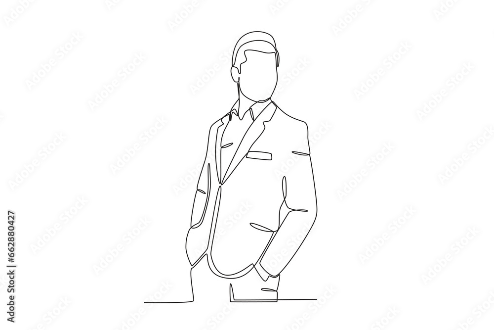 Side view of a man dressed in formal attire. Tuxedo one-line drawing Side view of a man dressed in formal attire. Tuxedo one-line drawing
