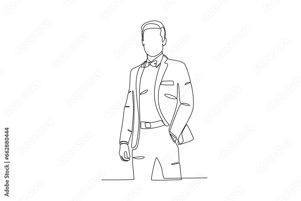 A man wearing formal attire and a bow tie. Tuxedo one-line drawing A man wearing formal attire and a bow tie. Tuxedo one-line drawing