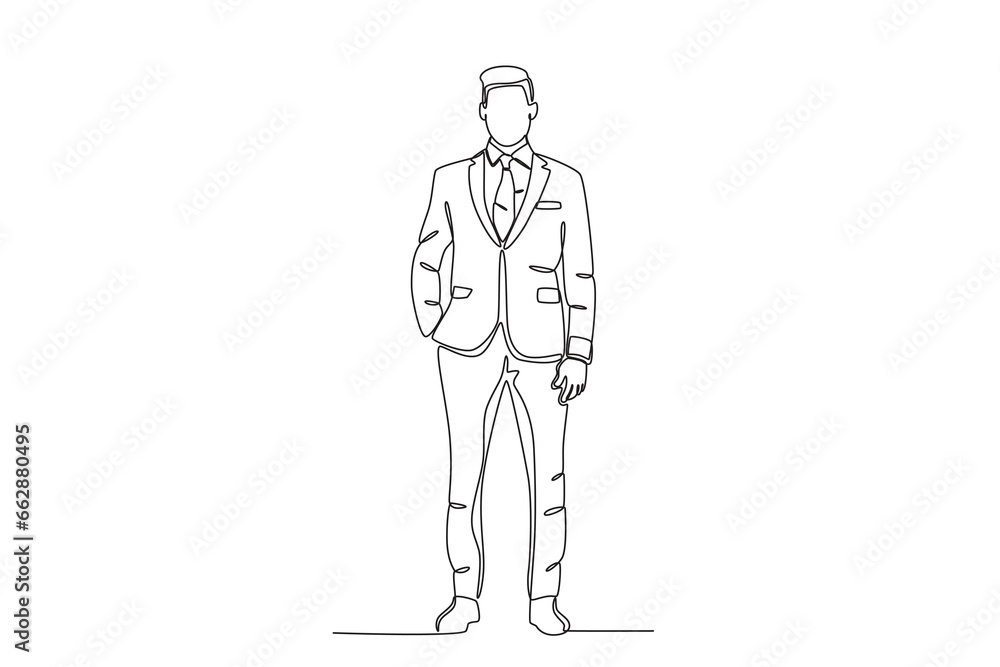 A man wearing a tuxedo at a formal event. Tuxedo one-line drawing