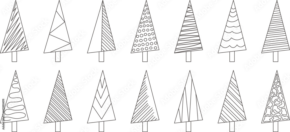 Christmas tree sketch line, xmas doodle vector icon, simple hand drawn outline design. New Year fir and pine set. Black silhouettes isolated on white background. Scribble holiday illustration