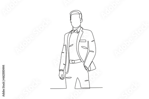 A man wearing formal attire and a bow tie. Tuxedo one-line drawing