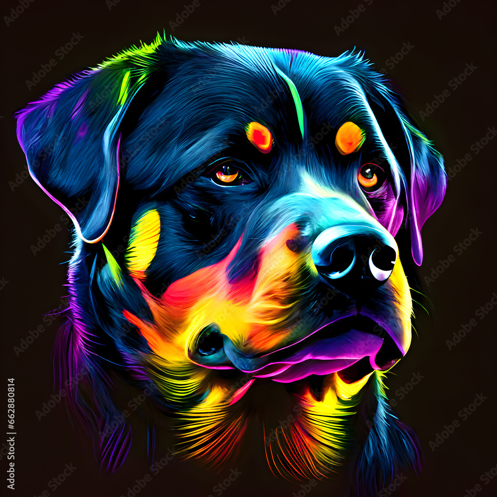Rottweiler dog puppy in abstract, graphic highlighters lines rainbow ultra-bright neon artistic portrait, commercial, editorial advertisement, surrealism. Isolated on dark background	

