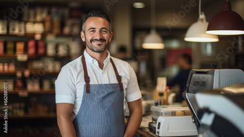 Smiling male cashier at checkout counter with digital tablet in store photo