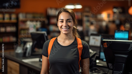 Smiling female cashier at checkout counter with digital tablet in store photo
