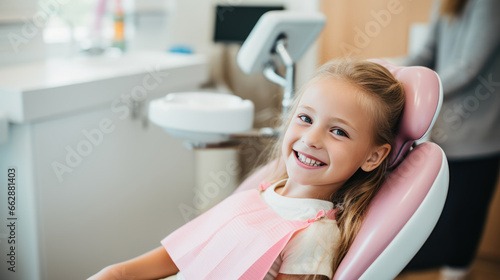 Little girl sits on a chair in a dental clinic