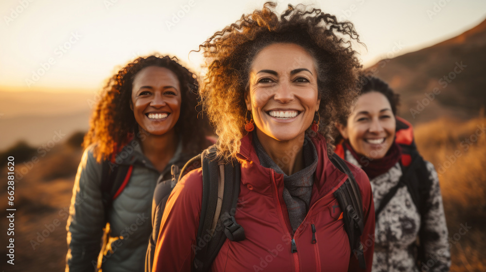 Women Smiling at camera during sunset hike. Group hike. Lifestyle concept.