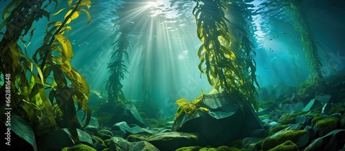 Macrocystis pyrifera thrives in a dense underwater California forest brimming with diverse marine life With copyspace for text