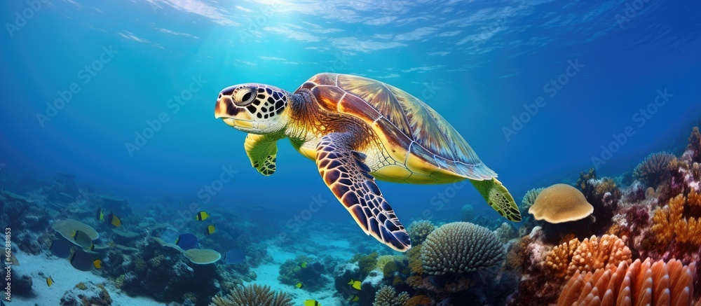 Naklejka premium Green Sea Turtle swimming in a tropical coral reef With copyspace for text