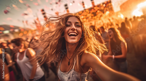 A happy young woman is dancing at a music festival event in summer