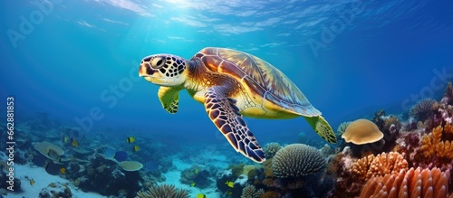 Green Sea Turtle swimming in a tropical coral reef With copyspace for text