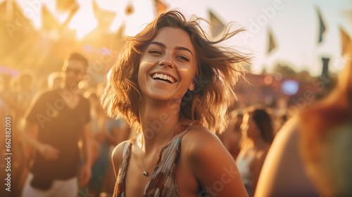 A happy young woman is dancing at a music festival event in summer