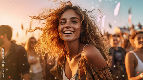 A happy young woman is dancing at a music festival event in summer