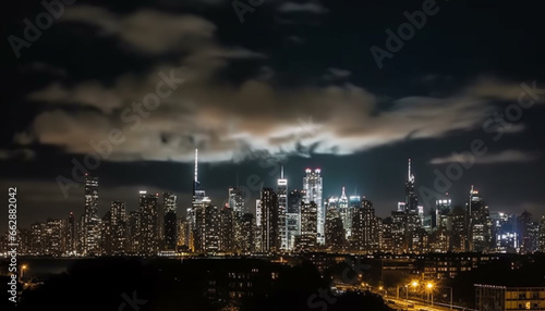 Modern city skyline illuminated at dusk with multi colored lights generated by AI © Stockgiu