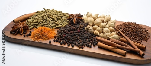 Assorted spices displayed on a textured wooden surface With copyspace for text