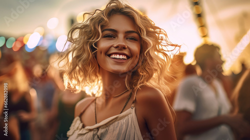 A happy young woman is dancing at a music festival event in summer