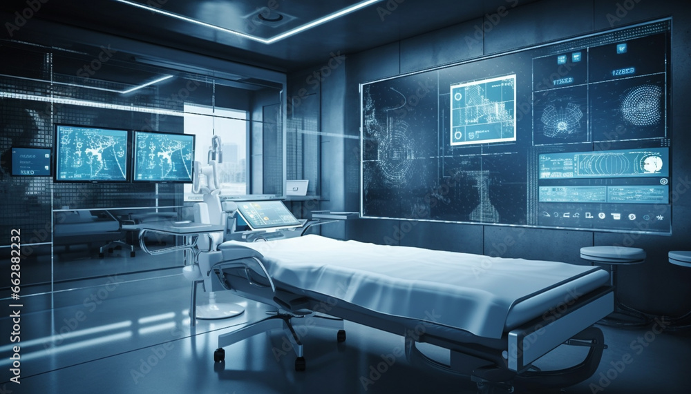 Modern hospital ward with advanced equipment and futuristic architecture generated by AI Modern hospital ward with advanced equipment and futuristic architecture generated by AI