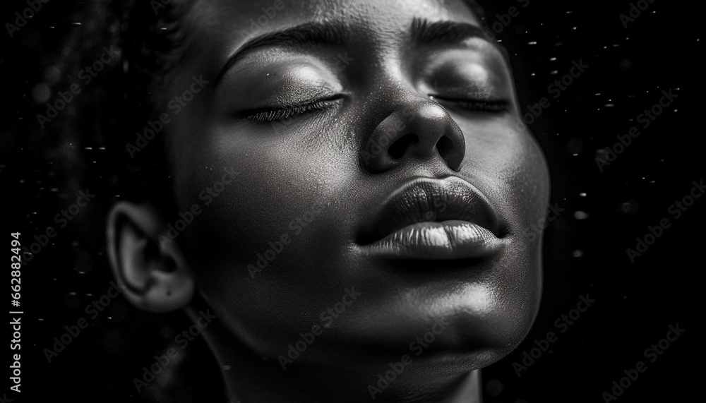 Serene young women, eyes closed, wet skin, beauty in black generated by AI