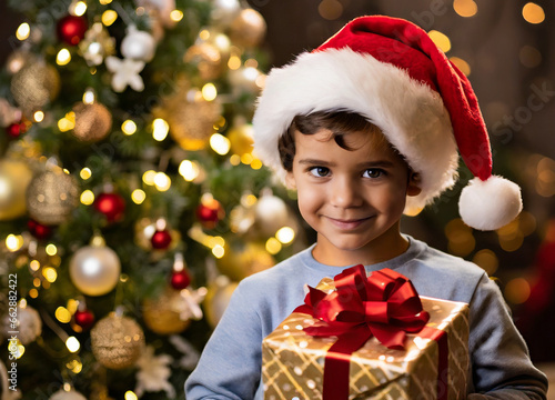 caucasian boy, happy with his christmas gift