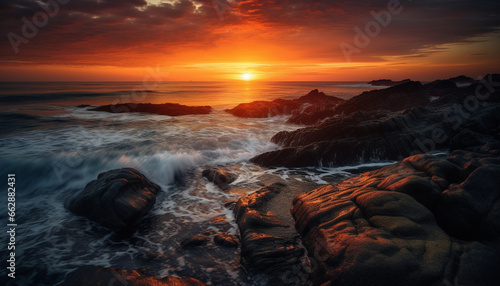 Sunset over nature wave, dusk on water, rock object outdoors generated by AI