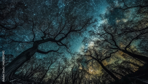 Silhouette of spooky tree branch against milky way galaxy background generated by AI