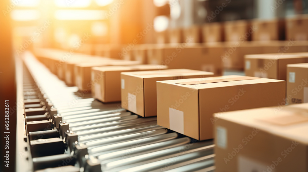 Generative AI, cardboard box packages moving along a conveyor belt
Generative AI, cardboard box packages moving along a conveyor belt