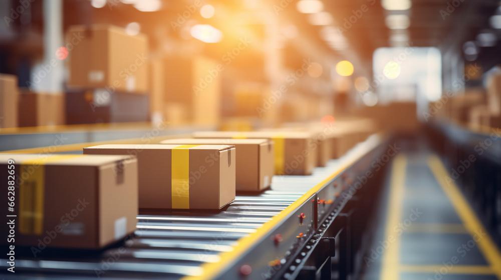 Generative AI, cardboard box packages moving along a conveyor belt
Generative AI, cardboard box packages moving along a conveyor belt