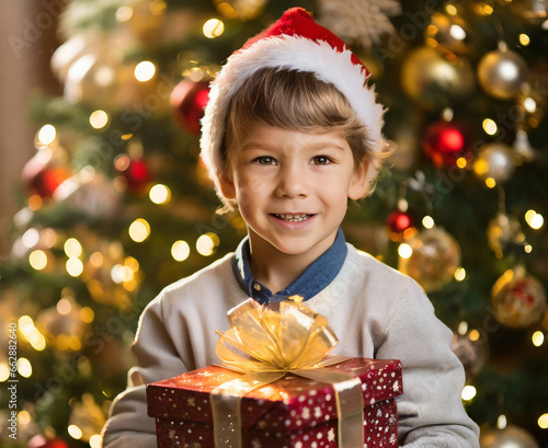 caucasian boy, happy with his christmas gift
