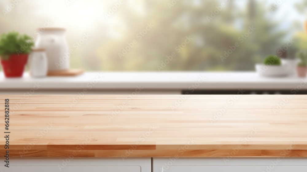 Wooden table on blurred kitchen bench background, Advertisement, Print media, Illustration, Banner, for website, copy space, for word, template, presentation