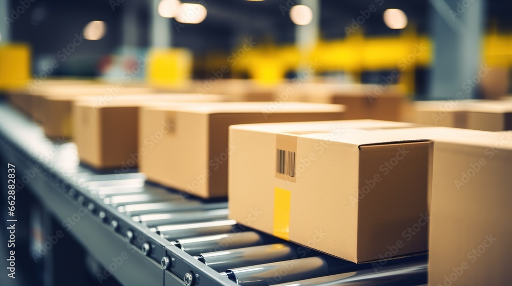Generative AI, cardboard box packages moving along a conveyor belt
Generative AI, cardboard box packages moving along a conveyor belt