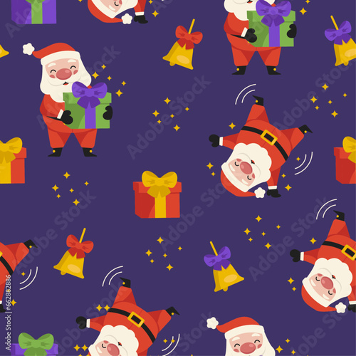 Seamless holiday pattern. Santa Claus with a gift box and Santa Claus doing a somersault. Merry Christmas. Vector graphic.