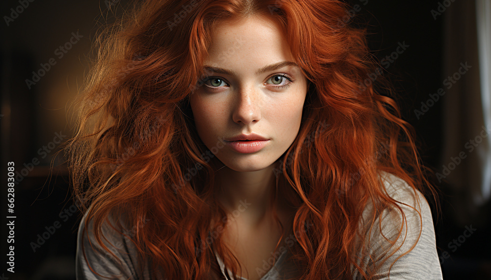 Fototapeta premium Beautiful woman with long, curly brown hair exuding confidence and elegance generated by AI