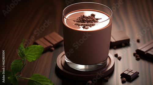 Chocolate milk in a glass on a wooden table