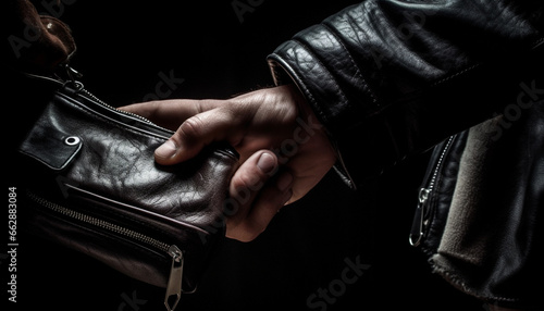 Stylish leather jacket held by fashionable hand in black background generated by AI photo