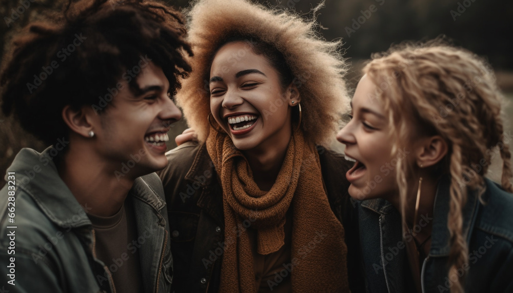 Fototapeta premium A group of young adults embrace in carefree, playful togetherness generated by AI