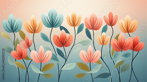 Illustration of pastel coloured leaves and flowers. Made with Generative AI. © Paul