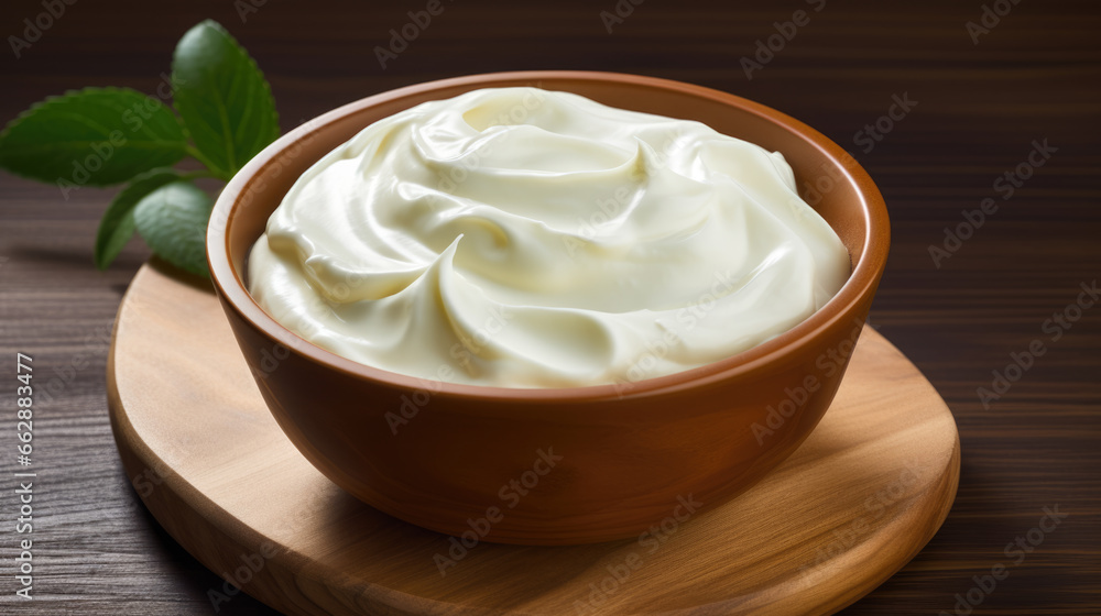 Sour cream in a bowl on a wooden background Sour cream in a bowl on a wooden background