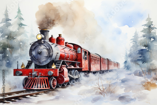 a watercolor painting of a red steam train traveling through a snowy mountain landscape