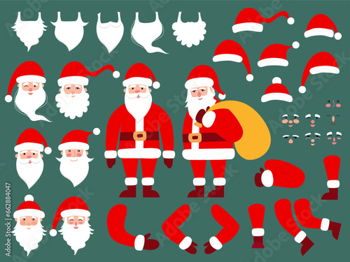Constructor of Santa Claus flat style. Different faces, Christmas hats, mustache, beard and body part vector set. Santa Claus creation kit vector flat style.