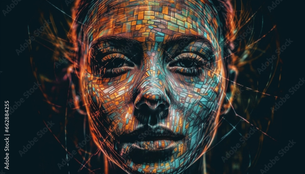 Abstract futuristic portrait of a young adult woman in space generated by AI Abstract futuristic portrait of a young adult woman in space generated by AI