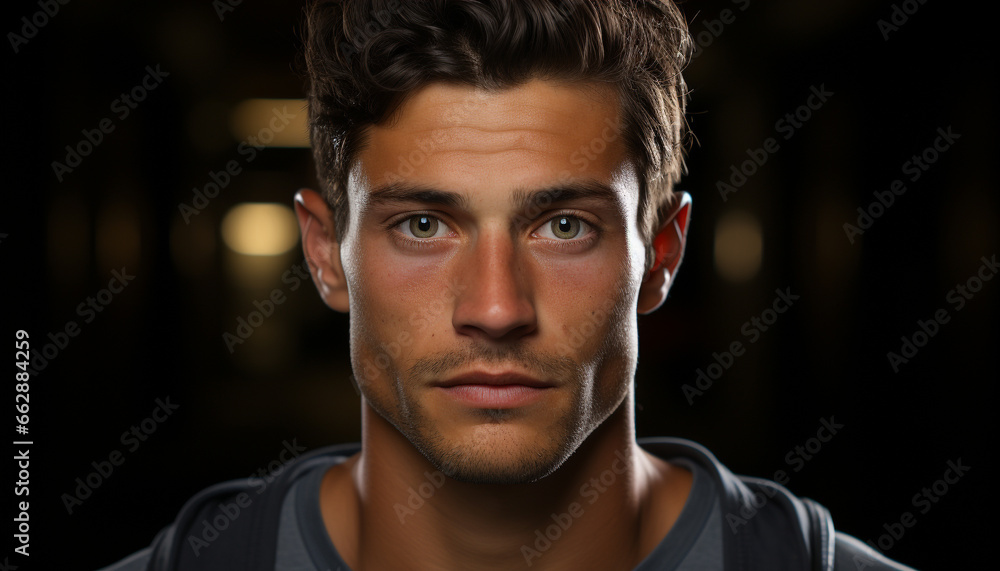 Confident young man, indoors, looking at camera, dark hair, serious generated by AI