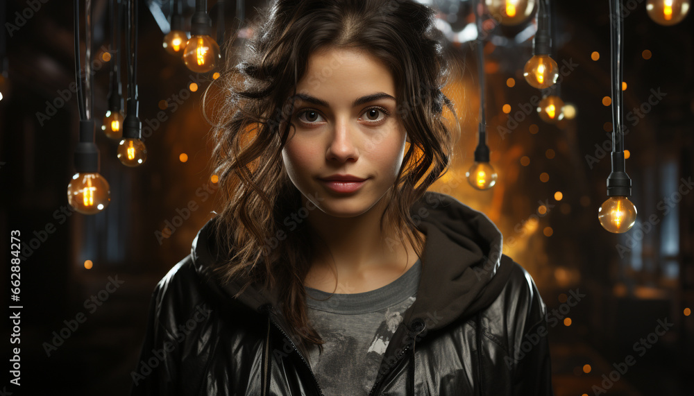 Smiling young woman, illuminated by winter night, exudes elegance and beauty generated by AI Smiling young woman, illuminated by winter night, exudes elegance and beauty generated by AI
