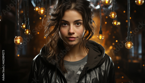 Smiling young woman, illuminated by winter night, exudes elegance and beauty generated by AI