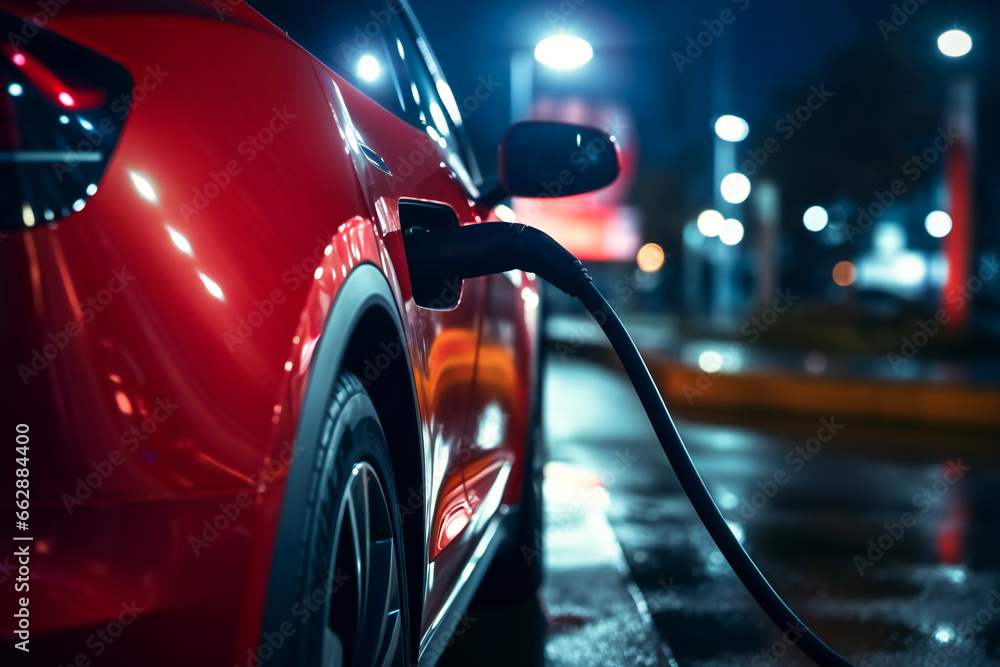 An electric car charging at the station in the night