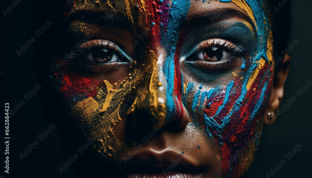 Vibrant beauty young adult face painted with futuristic colors generated by AI Vibrant beauty young adult face painted with futuristic colors generated by AI