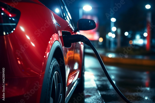 An electric car charging at the station in the night